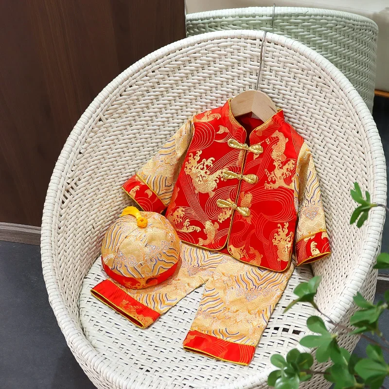 Bambini Neonata Ragazzo Rosso Hanfu Capodanno cinese Tang Costume Camicia a maniche lunghe Top Pantalone Abiti tradizionali per fotografia Hanfu