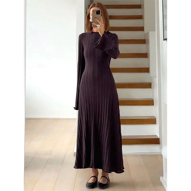 

JINIA Knitwear Fashion Loose Maxi Dress Women Lace-Up High Waist Ribbed Long Sleeve Party Dress Female Knit Bandage Long Dress