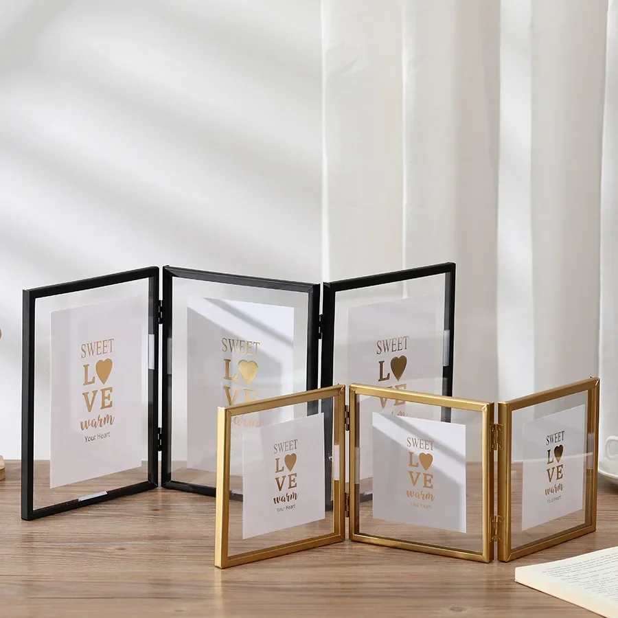 Foldable Metal Triple Photo Frame, Gold and Black Decorative Picture Frame, Creative, 4 in, 6 in, 7 in