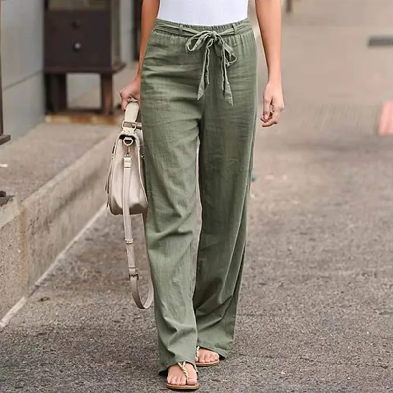 Women's Cotton-Linen Wide-Leg Pants Solid Color Loose Fit Elastic Waist With Drawstring Summer Casual Trousers Dfyne 바지