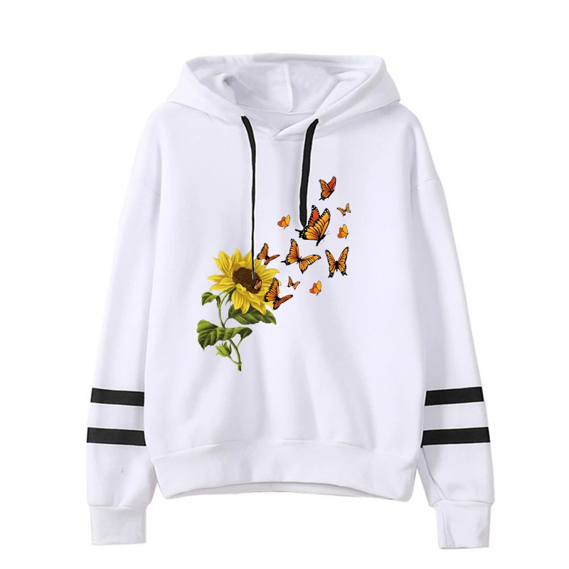 Nuove donne felpe con cappuccio girasole farfalla stampata top Casual Harajuku felpe moda Pullover sciolto