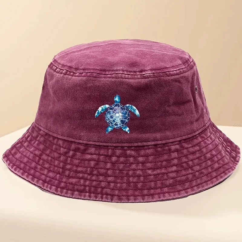 1pc Women's Washed Bucket Hat Decorated with Turtle Pattern - Adjustable and Breathable Fisherman Hat, Perfect for Outdoor Beach