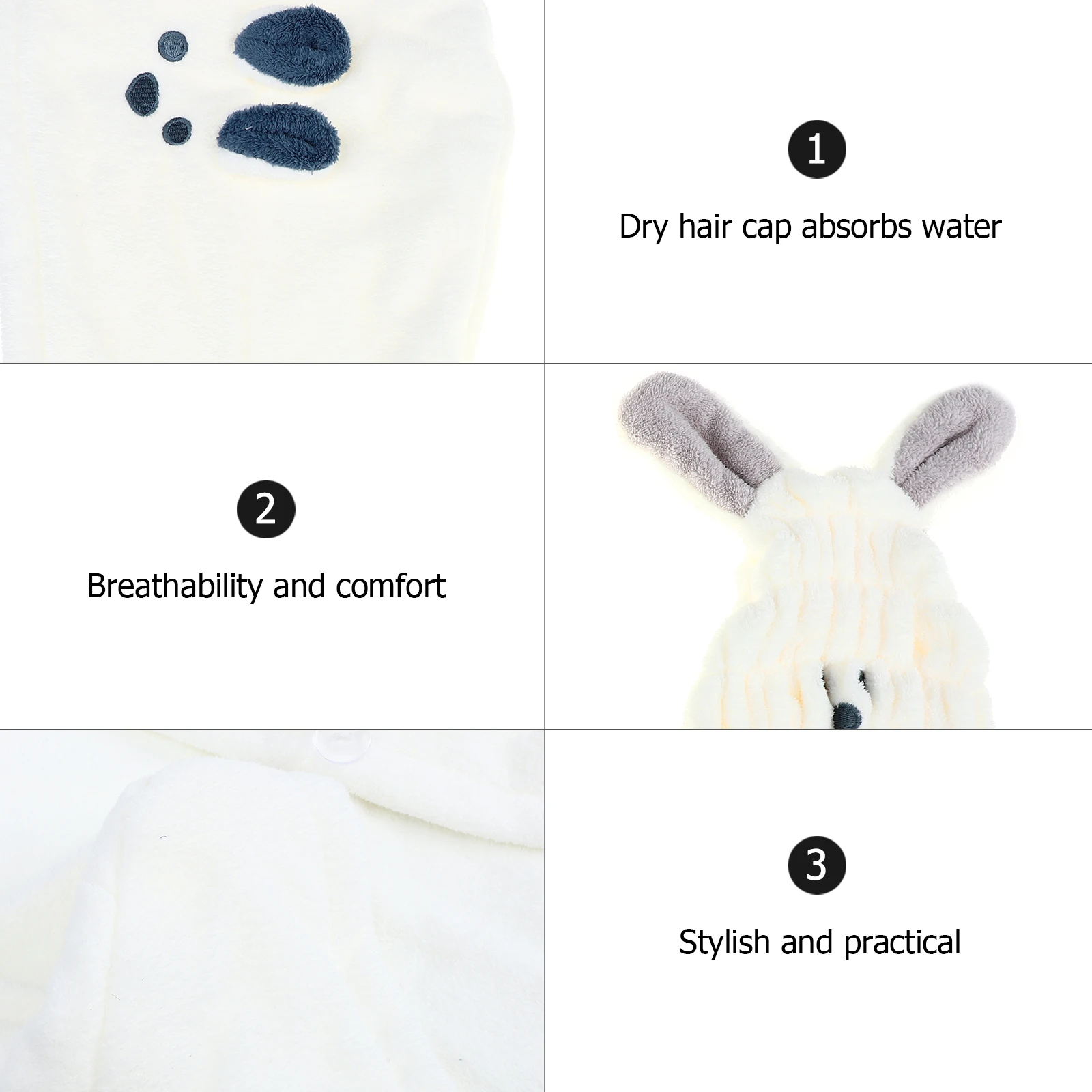 

2pcs Hair Dry Towel Cap Microfiber Quick Absorbent Turban Wrap for Women Girls Cartoon Pattern Ivory White Set