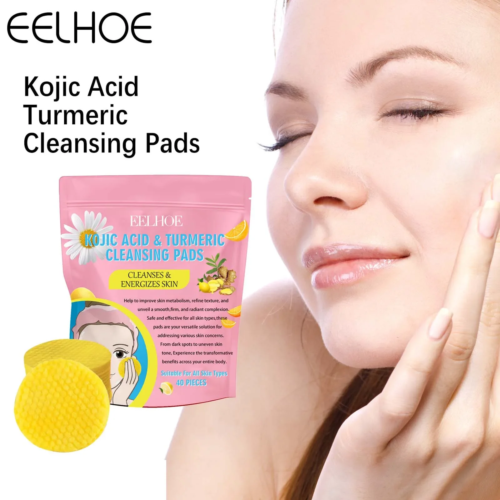 40pcs Turmeric Kojic Acid Cleansing Pad Gentle Cleansing And Skin Care Fades Acne Brightens And Refines Pores On The Face