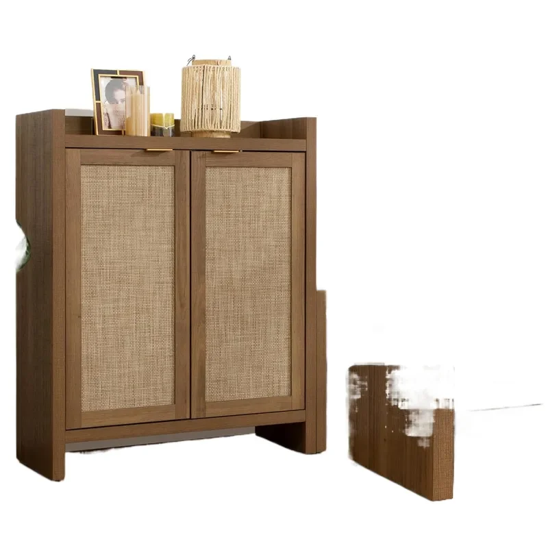 Customizable Rattan Shoe Cabinet Thickened Board Wood Tone High Load Bearing Storage Organizer for Entryway Hallway New