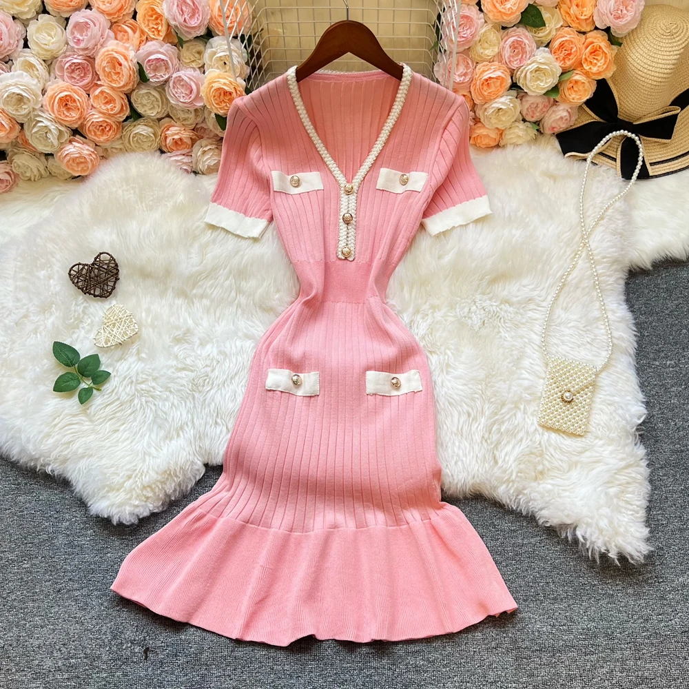 

YuooMuoo Women Dress 2025 New Fashion V-neck Slim Elastic Knitted Summer Dress Ins Hot Sexy Package Hips Meraid Party Dress Robe