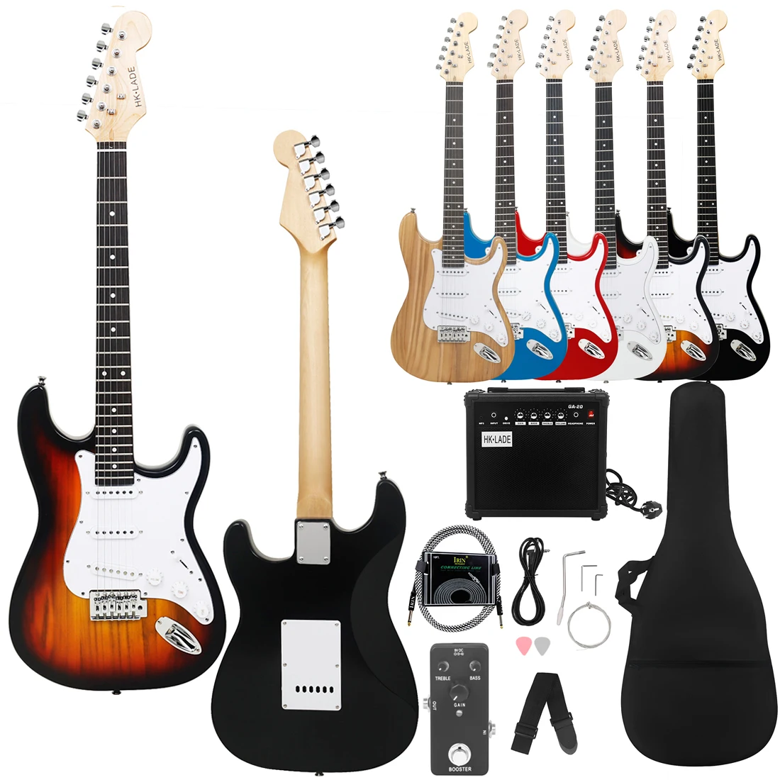 HK-LADE Sunset ST Electric Guitar Set Rosewood Fretboard Electric Guitar Set with Sound Bag Strap Plectrum Strings Amplifier Par