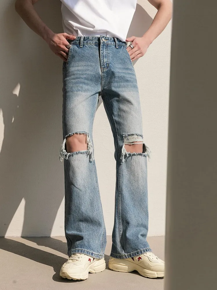 Mode Männer Loch Zerrissene Jeans Lange Gerade Denim Hosen Frühling Sommer Vintage Hose Streetwear Gewaschen Cowbody Cargo Hosen