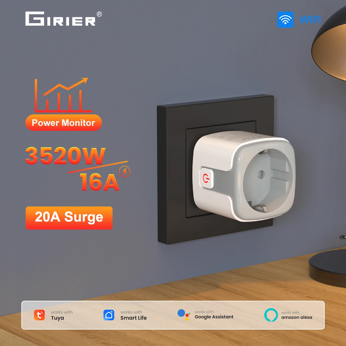 

Умная Wi-Fi розетка GIRIER Tuya, 16А, 3520Вт, с функцией мониторинга энергопотребления, таймером, поддержкой Alexa и Google Assistant