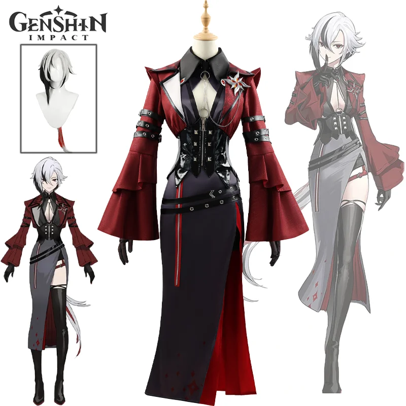 Genshin Impact Arlecchino Cosplay Costume Concert Party Dress Uniform Wig Suit Halloween Activity Role Play Clothing Set Women