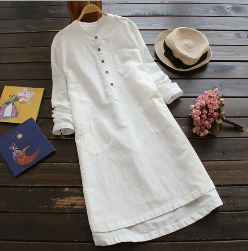 

Casual Ruffled Monochrome Round Neck Pocket Button High Waist Dress Cotton Linen Loose Women's Home Skirt