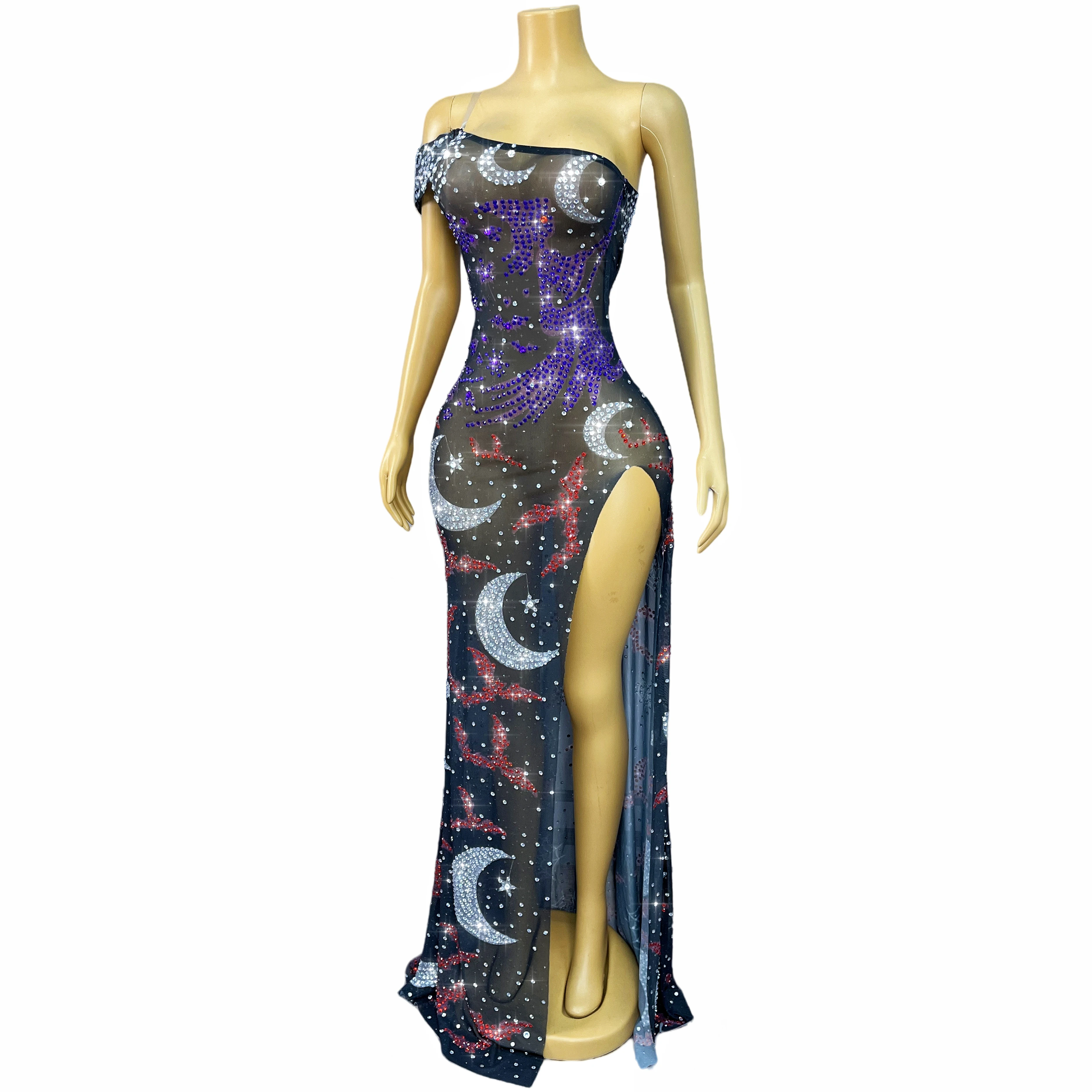 Robe d'halloween avec strass brillants, épaules dénudées, fente haute, robe de soirée, spectacle, tenue de spectacle sur scène, Nvwu, nouvelle collection