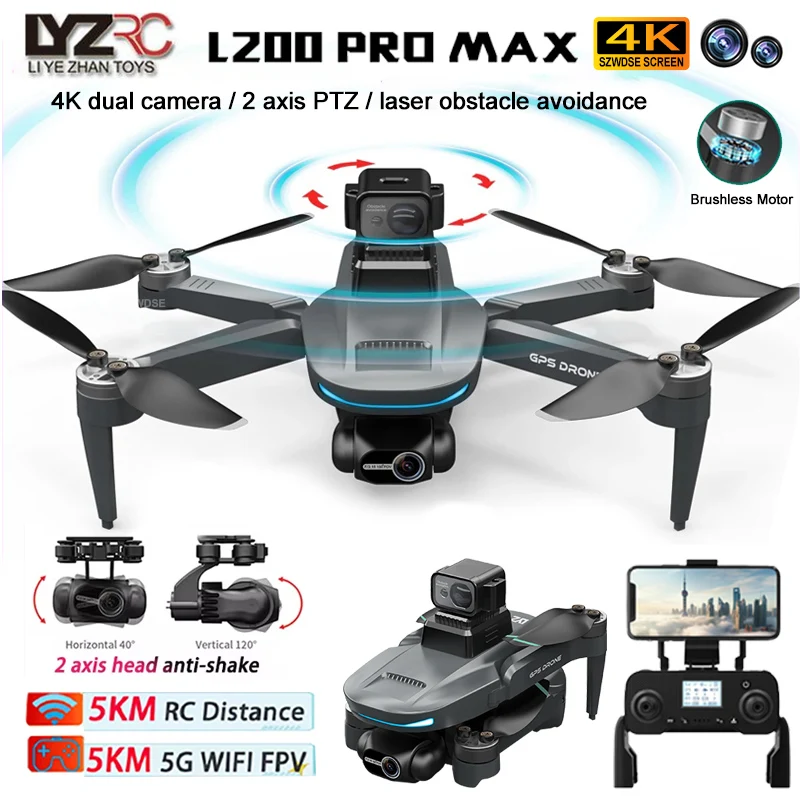 

Дрон L200 Pro Max GPS с профессиональной HD-камерой 4K, 2-осевым стабилизатором и облетом на 360° ° Квадрокоптер-игрушка с функцией обхода препятствий, бесщеточный, складной