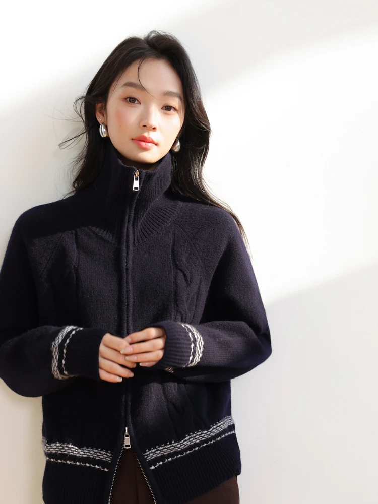 

Ele Woolen Knitted Cardigan Women's Flip Collar Double Zipper Sweater Autumn Winter New Sle Straight Cut Commute Sle