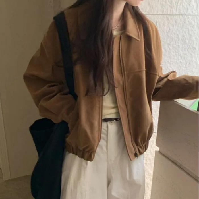 Chic Vintage Loose Fit Long Sleeve Zipper Closure Suede Coat for Women Stylish Versatile Casual Outerwear Spring Fashion