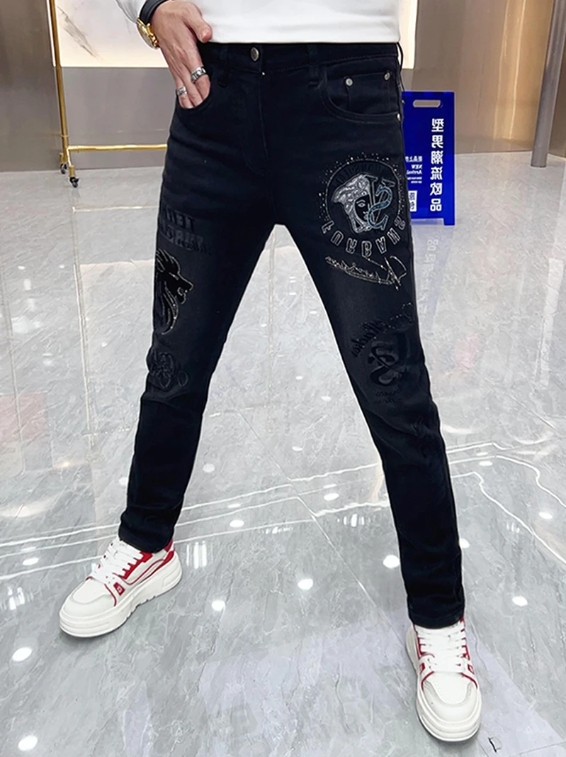 

Men's Slim Fit Jeans Autumn Winter Fce Lined Embroidered Print Trendy Bla Small Straight Leg Long Pants Casual Wear