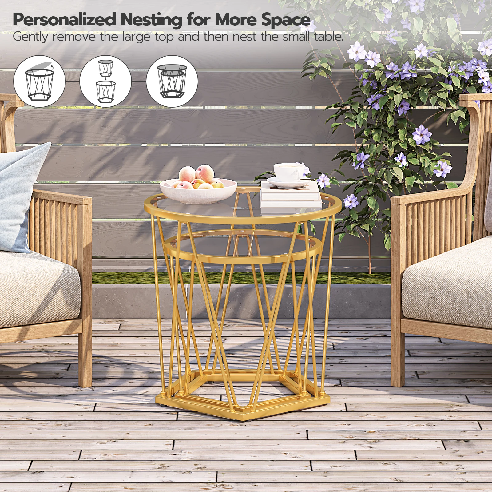 HOOBRO Coffee Table Set of 2 Round Coffee End Table with Metal Frame Glass Top Gold Side Table for Living Room and Balcony image 3