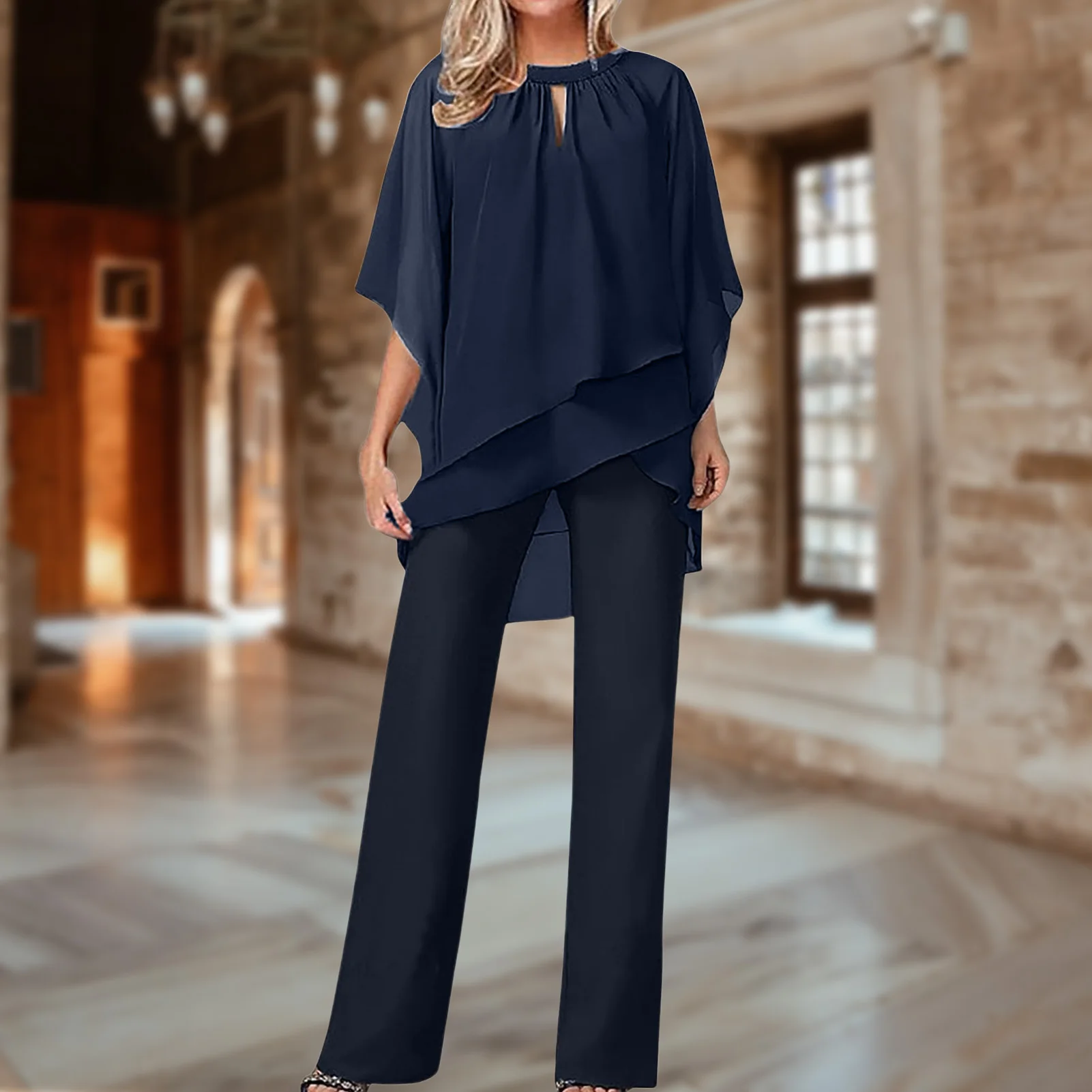 Women Asymmetrical Hem Top Pant Suit Fashionable Solid Color Pullover Top Trouser Jumpsuits Soft Loose Fit Ladies Casual Wear