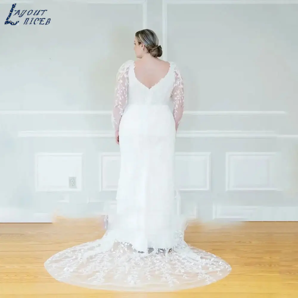 LAYOUT NICEB Exquise Plus size V-hals Trouwjurken Eenvoudige volledige mouwen Lace Bride Gowns Zeemeermin de Mariée op maat gemaaktLAYOUT NICEB Exquise Plus size V-hals Trouwjurken Eenvoudige volledige mouwen Lace Brid