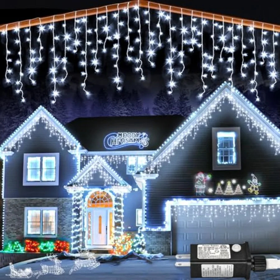 132Feet Icicle Lights for Outside, 1280 LED White Christmas Lights Outdoor with 240 Twinkle Drops, 8 Modes Plug in Waterproof T