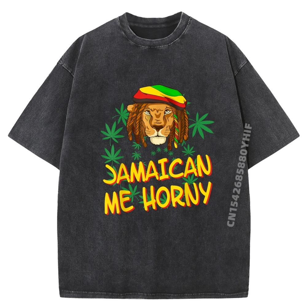 

Jamaican Me Horny Jamaica Flag Mens Clothing Streetwear Washed T-Shirt Men Cotton Fashion Casual Summer Breathable Tee