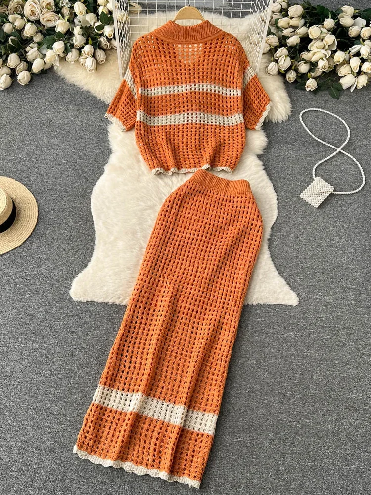 Korean Spring Summer Vacation Style Knitted Twi Piece Set Women Chic Hollow out Sweater Cardigan +Long Maxi Skirt Sets