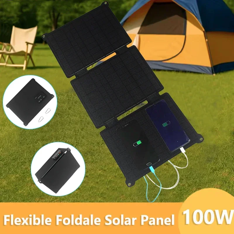 

100W Foldable Flexible Solar Panel USB DC Type-C Output Power Bank Charger for Phone Outdoor Camping Emergency Solar Charging