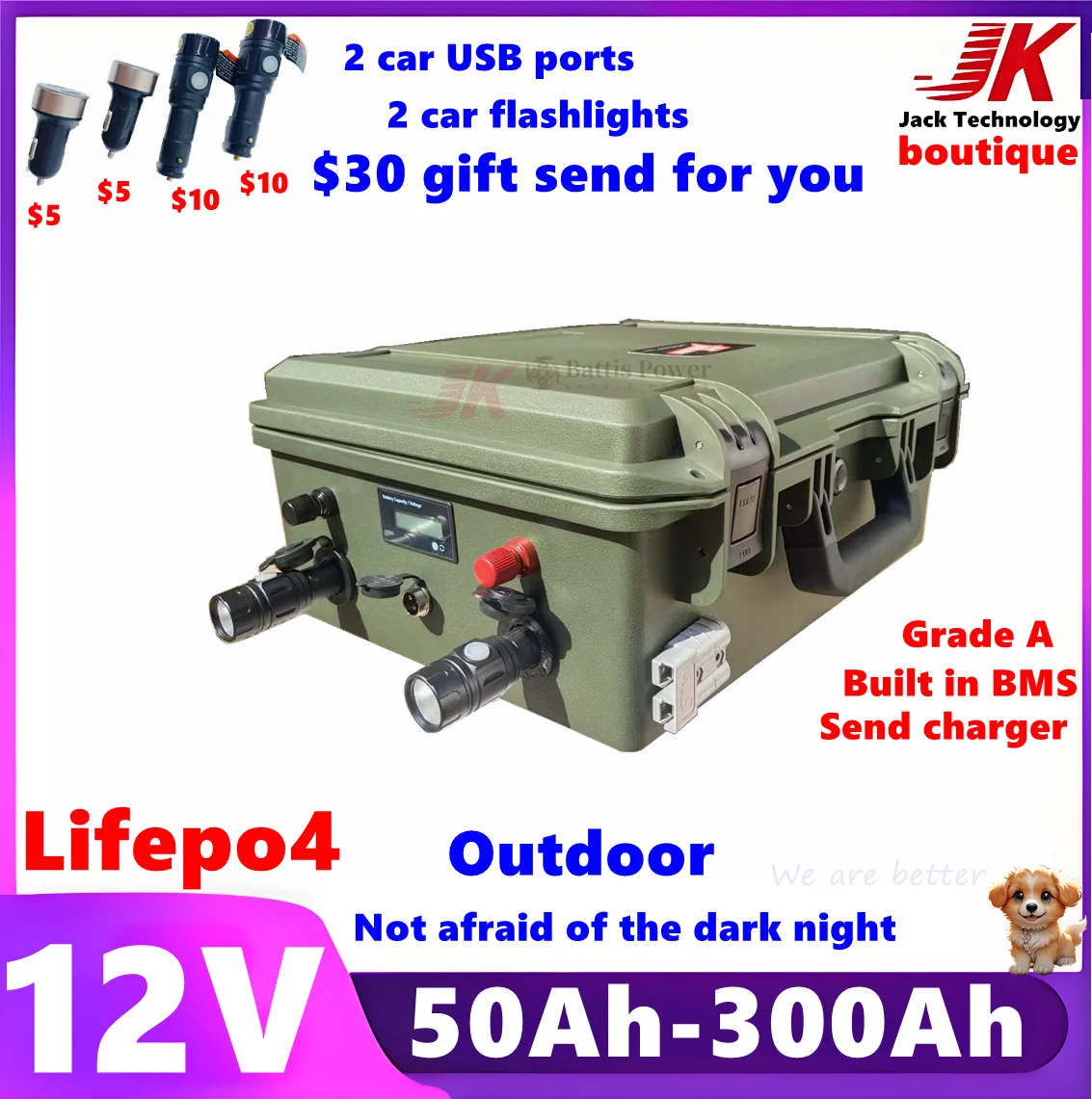 JK 12V 50Ah 80AH 100AH 120Ah150Ah 200AH 250Ah 300Ah LiFePO4 Battery for Outdoor RV,propeller boat trolling motor engine+Charger