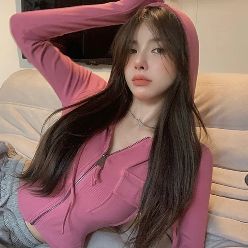 سويت شيرت نسائي بقلنسوة Y2k بسحاب ورباط بقصة ضيقة وأكمام طويلة وغطاء للرأس وردي