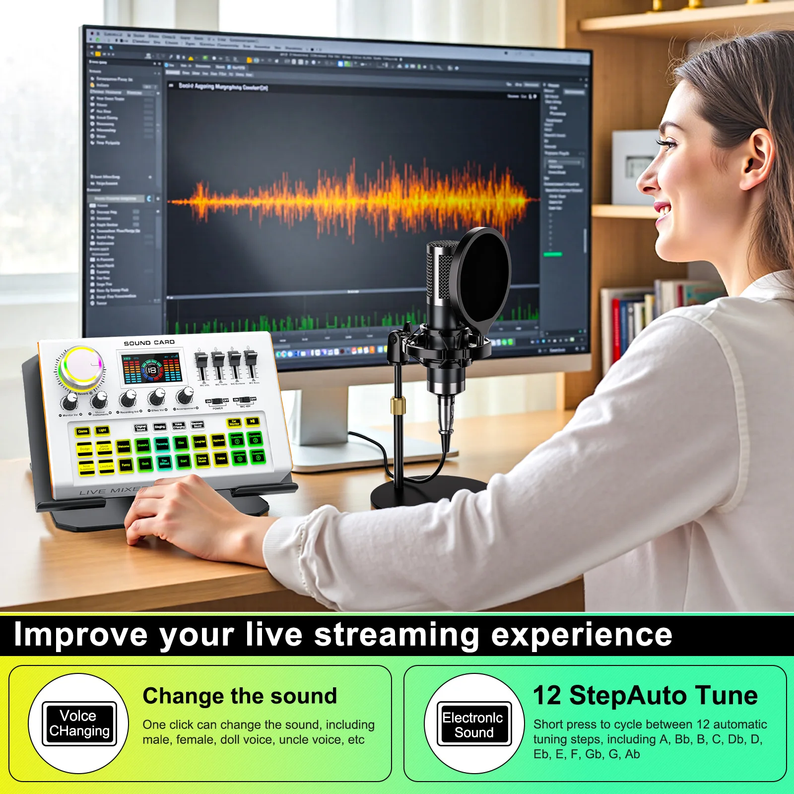 Tenlamp Professional Podcast Equipment Bundle Kit for 4 People, Studio Sound Card with 3.5mm Condenser Mic (Y300-P15B) for PC Smartphone Laptop Computer , Live Audio Mixer Voice Changer for Streaming Singing Gaming Recording Vlog YouTube view 4