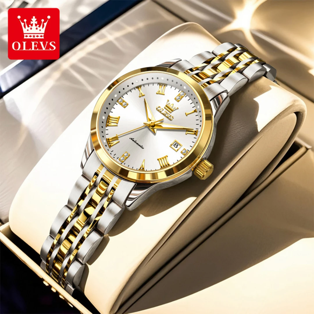 

OLEVS 7062 Механические модные часы в подарок с круглым циферблатом из нержавеющей стали, ремешок для часов, наручные часы с календарем, светящийся