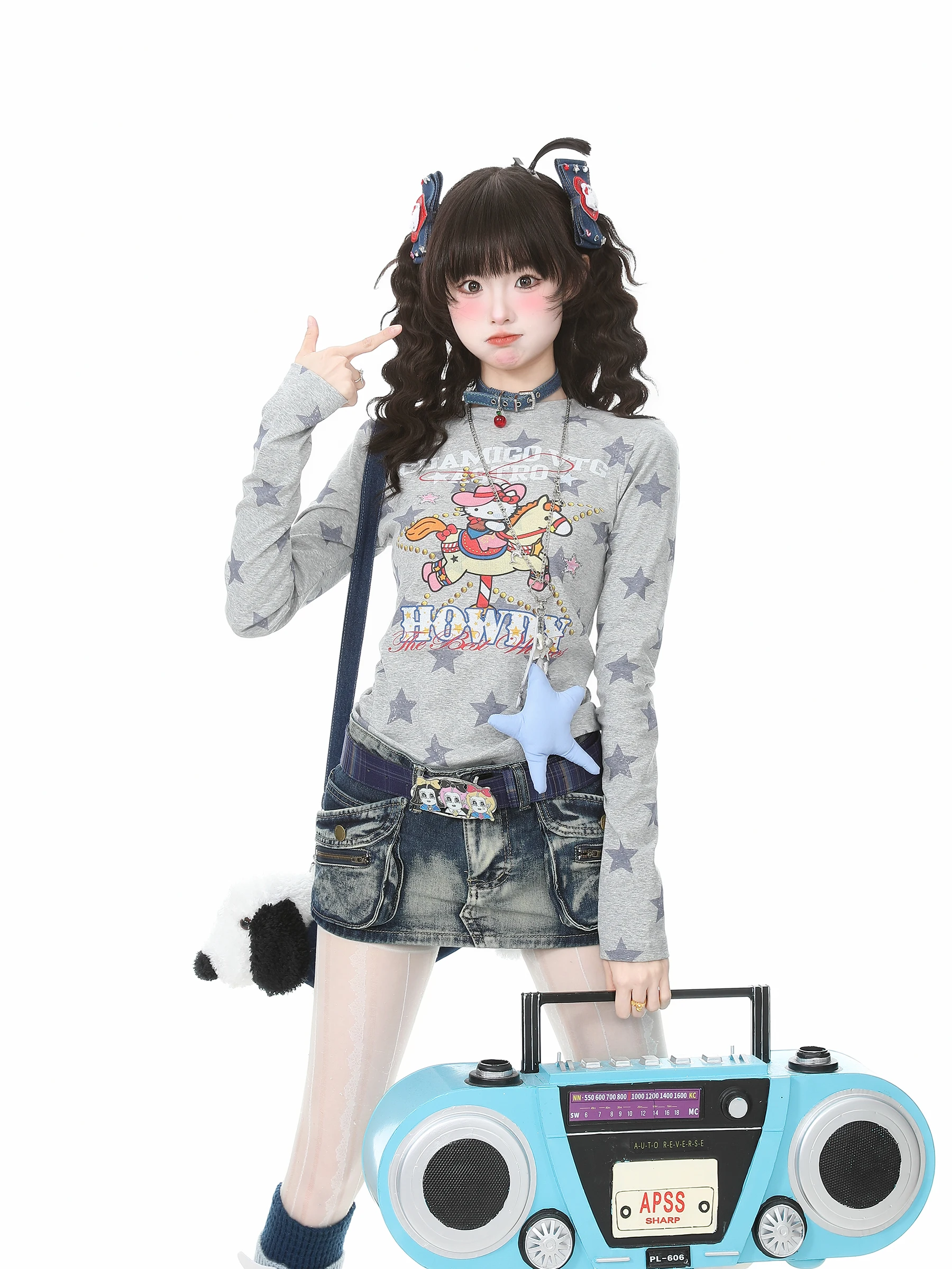Languid Park Blue Ghost Short Sleeve Women's T-shirt Spring Inner Wear Base Layer Hot Girl Top Cotton Long Sleeve Print