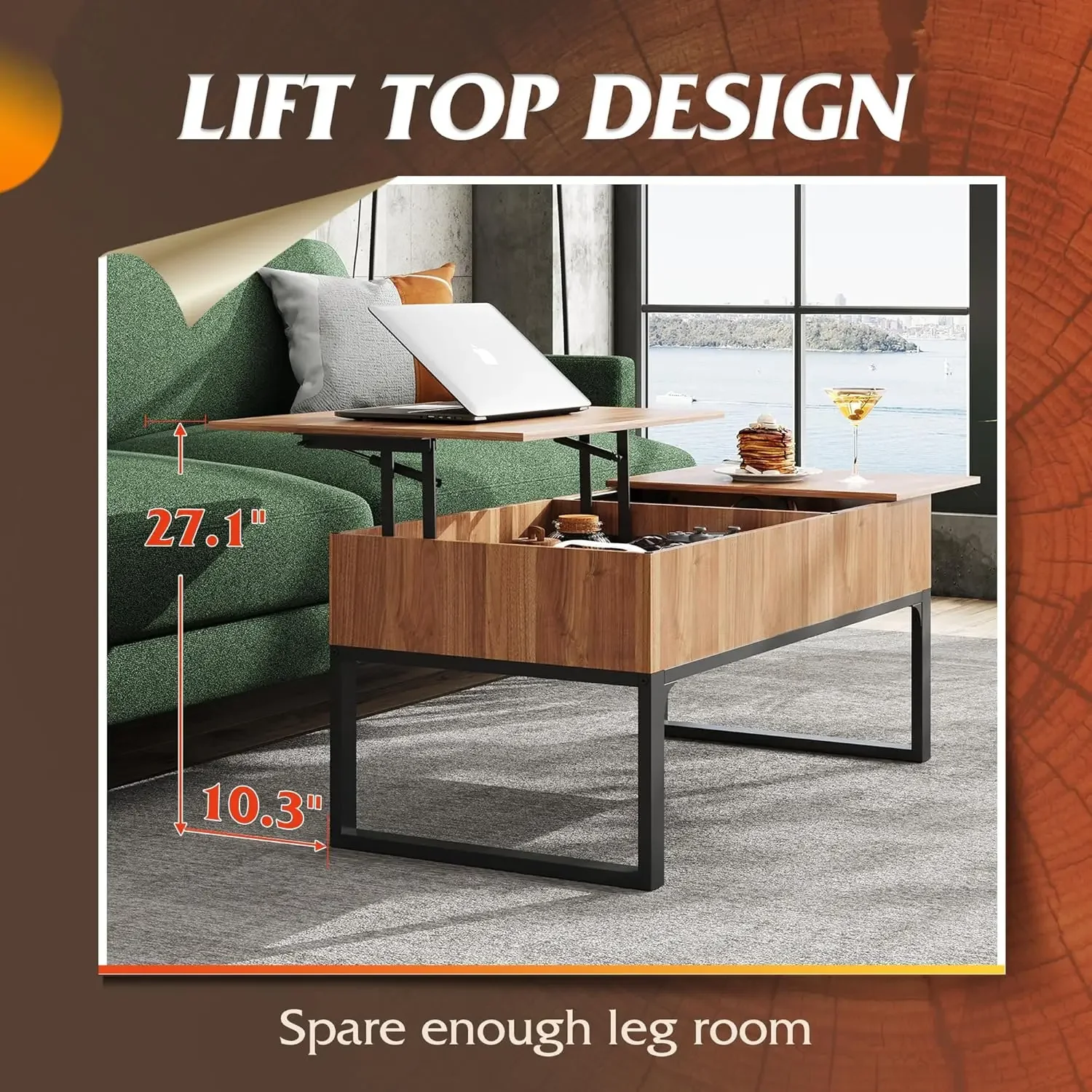 Lift Top Coffee Table with Storage, Coffee Table with Lifting Top & Sliding Top, Wood Coffee Table