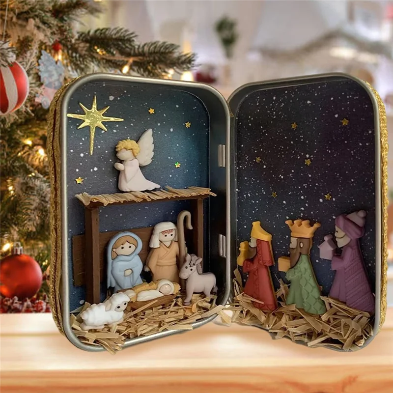 A55F-Family Nativity Scene Handmade Cabin Box Theater Desktop Ornaments For Xmas Decor