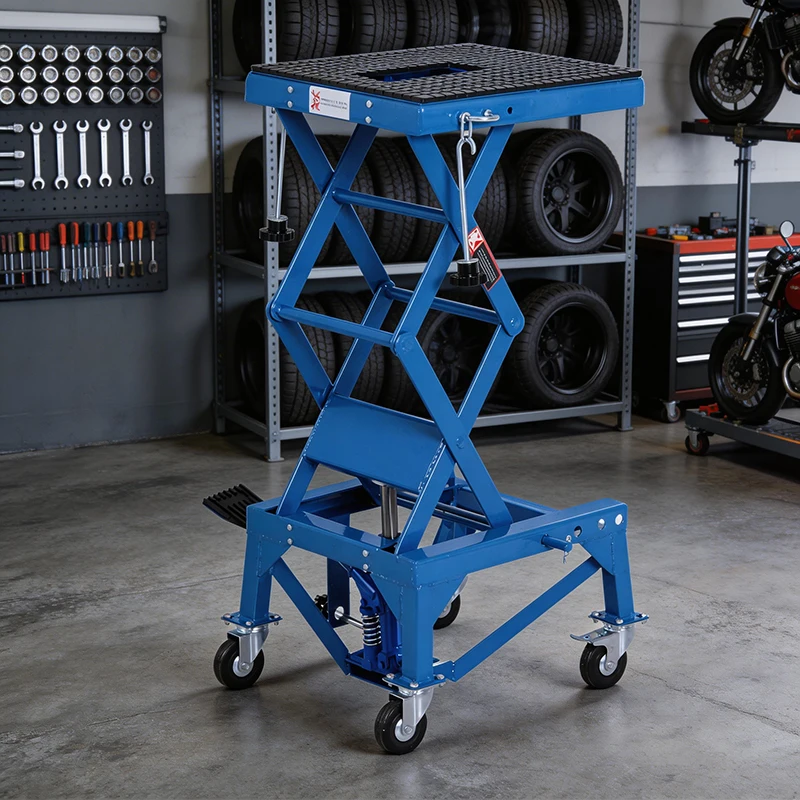 

Lift Stand Hydraulic Scissor Jack with Foot Pedal 300 lbs Capacity Adjustable Durable Steel Frame Non Slip Rubber Top 4 Wheels