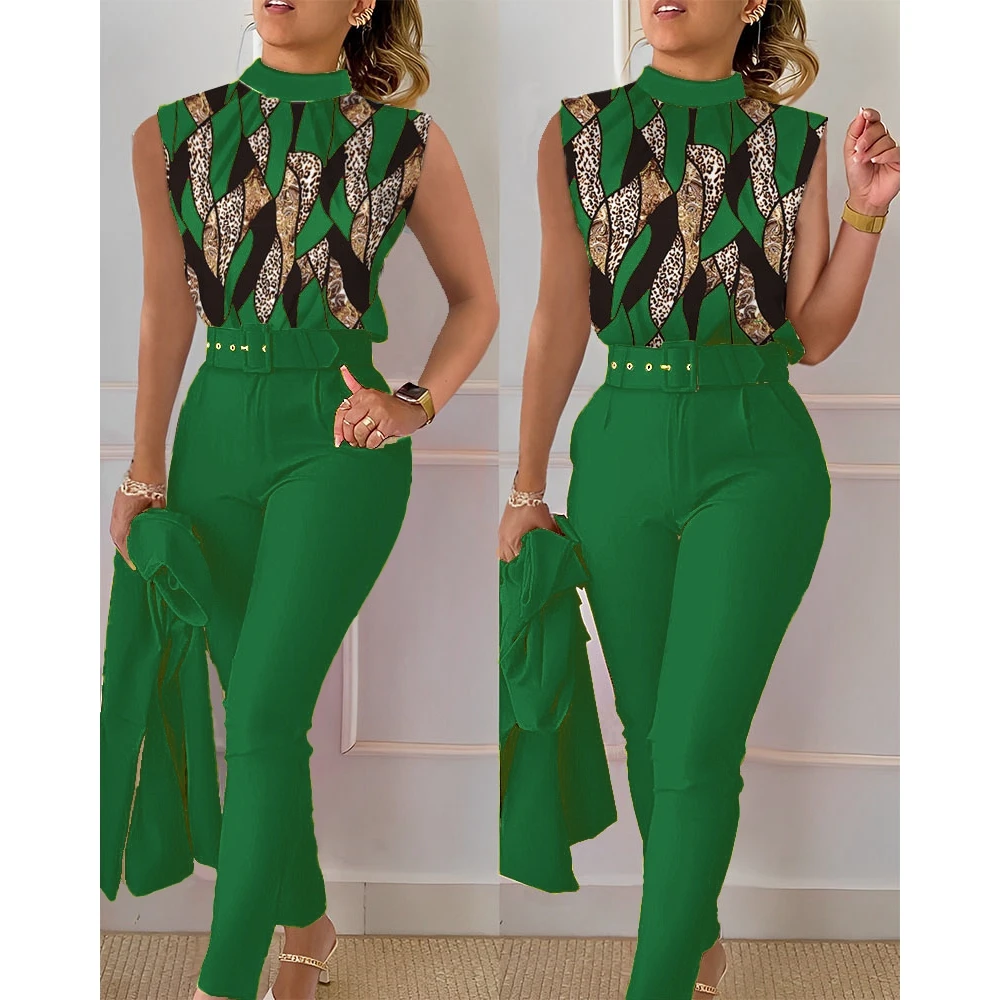 Women's Elegant Sleeveless Top and High Waist Pants Set with Belt, O Neck, Baroque Leopard Print, Casual Workwear Suit Sets