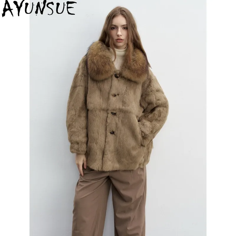 AYUNSUE Real Raccoon Fur Collar Winter Jacket Women Warm Rabbit Fur Coat Woman Clothes Fashion Parka Reversible Jaqueta Feminina