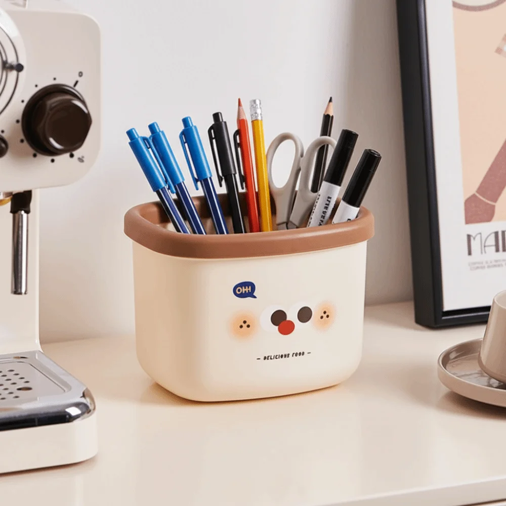 Cartoon Design Desktop Trash Can Pen Holder Student Supplies Plastic Storage Bucket with Lid Storage Bin Student Dormitory