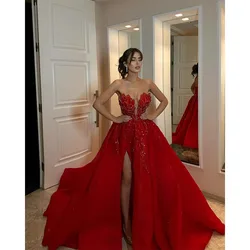 Luxury Red Evening Dresses 2024 Sexy Strapless A Line Formal Prom Dress Thigh Split Sweep Train Robe De Soiree