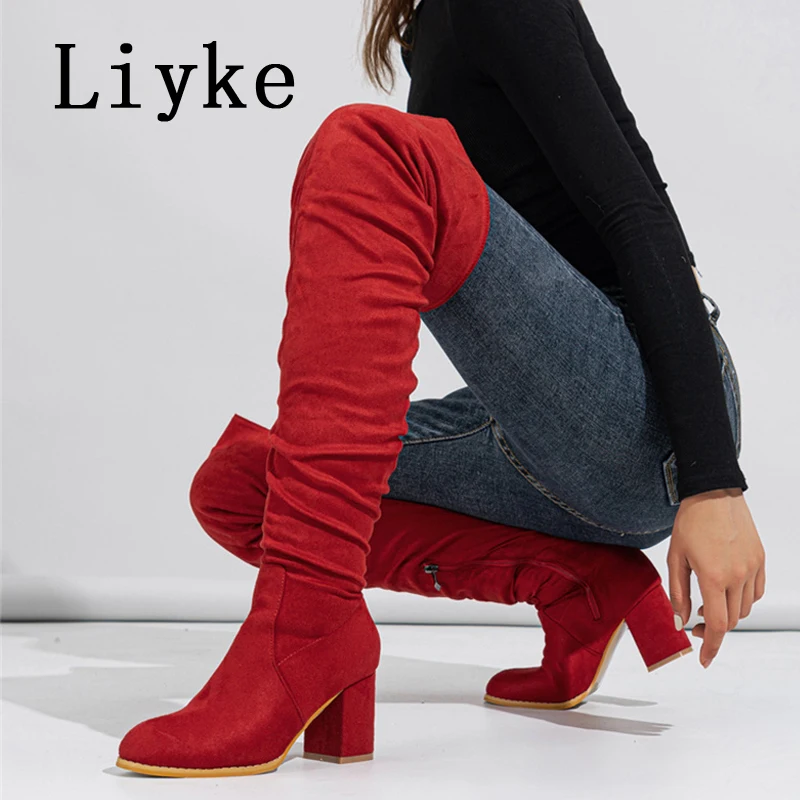 Liyke 2024 New Fashion Round Toe Zip Thigh High Boots Women Autumn Winter Chunky Heels Motorcycle Over The Knee Shoe Botas Mujer