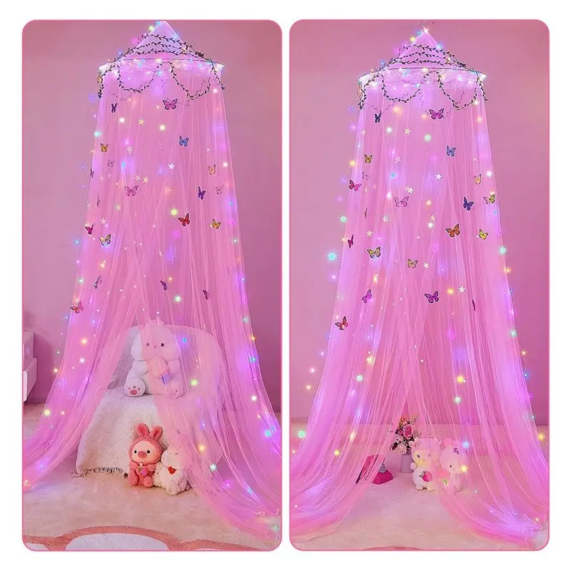 Mosquito Net Bed Canopy For Girls Room With Led Light Curtains DIY Princess Decor With Butterflies Design