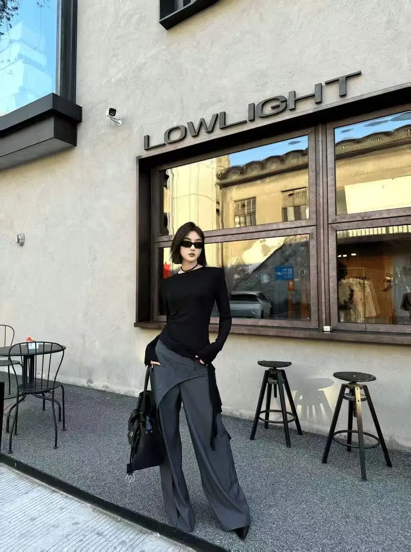 2024 Black Design Wide-Leg Pants Women's Slimming Suit Pant Harajuku High Waist Loose Straight Streetwear Y2k Casual Trousers