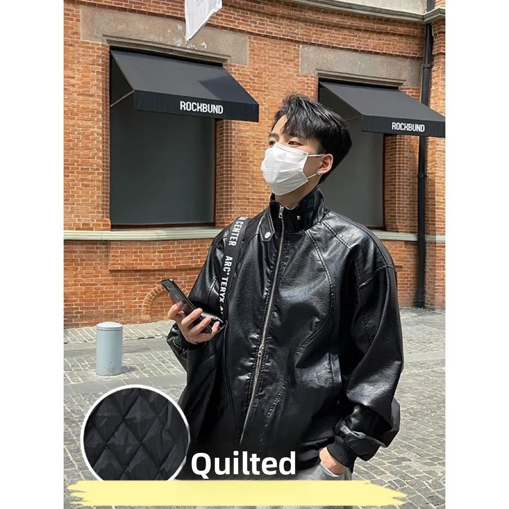 

American Retro Biker Leather Jaet Men's Winter Trend Loose Design Casual ort Cotton Sandwich Thiened Outerwear