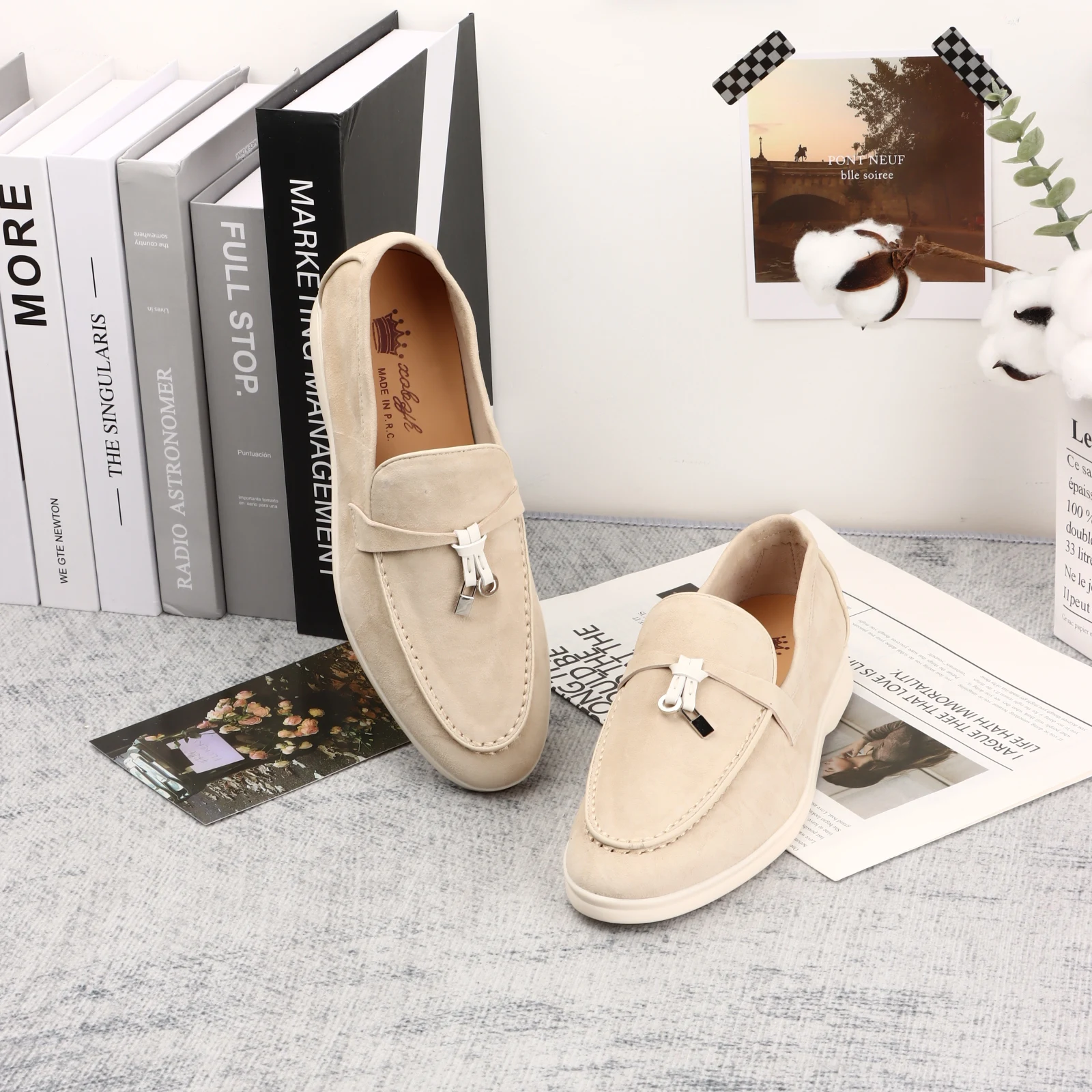 Women's loafers, leather white edged flat shoes, casual brand men's shoes, luxury designer boutique shoes