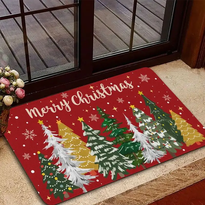 VIKAMA Red Merry Yule Colorful Pines Snowflake Welcome Mat Festive Salutations Floor Padding Grip Backed Space Decor Accent Soft
