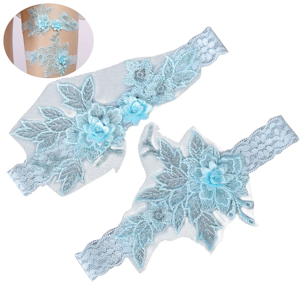

1 Pair Lace Garters For Wedding Bride Adjustable Floral Decor Thigh Ring Bridal Accessories Sky-Blue Prom Party Gift Set