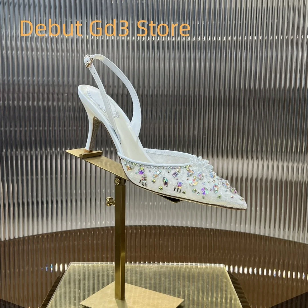 

2024 New Gemstone Crystal Diamond Lace Mesh High Heels, Fashionable and Exquisite Wedding Shoes, Versatile High Heel Sandals