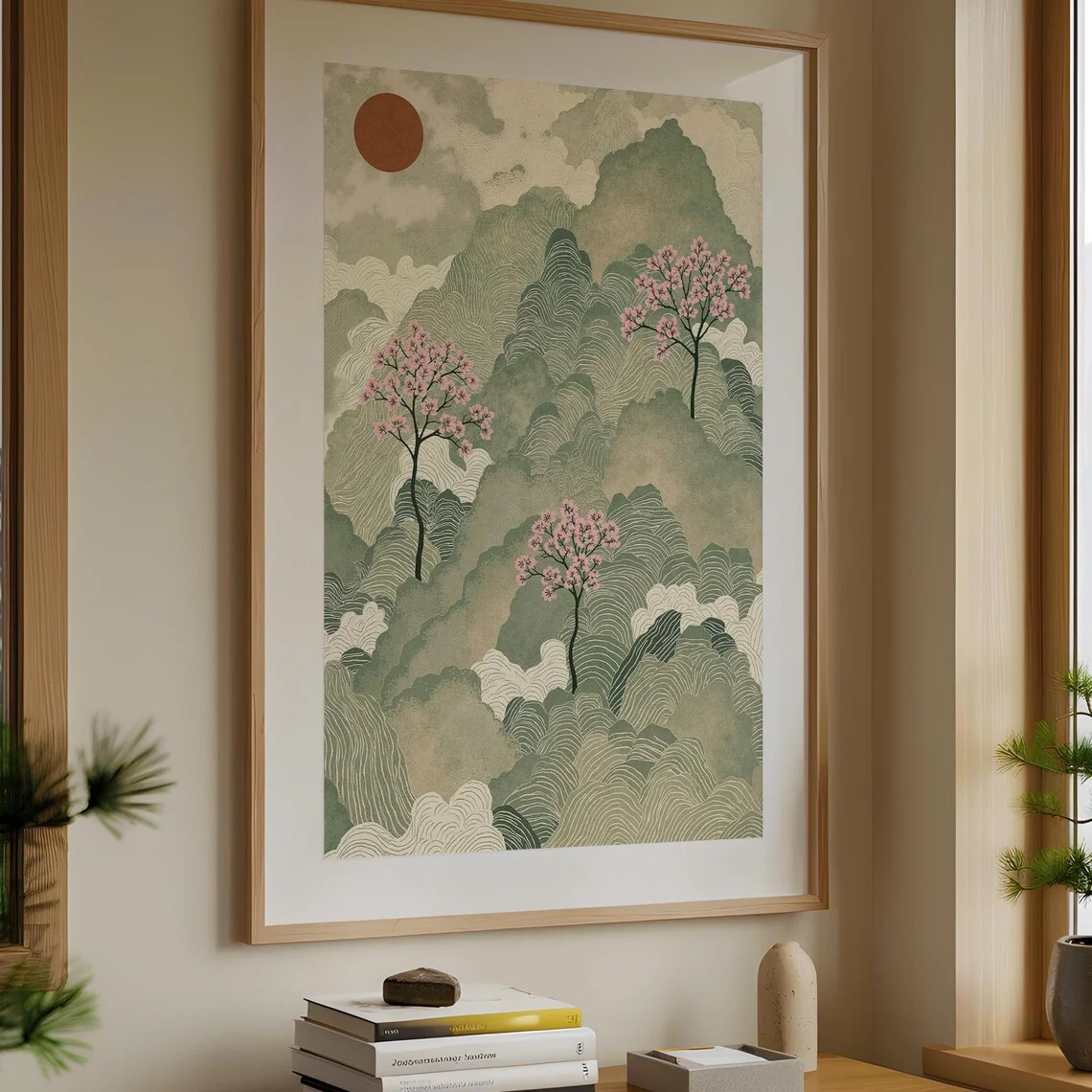 Vintage Ukiyo-E Inspired Landscape Wall Print Decor - Stylized Illustration of Rolling Green Mountains, Wavy Cloud Patterns and image 2