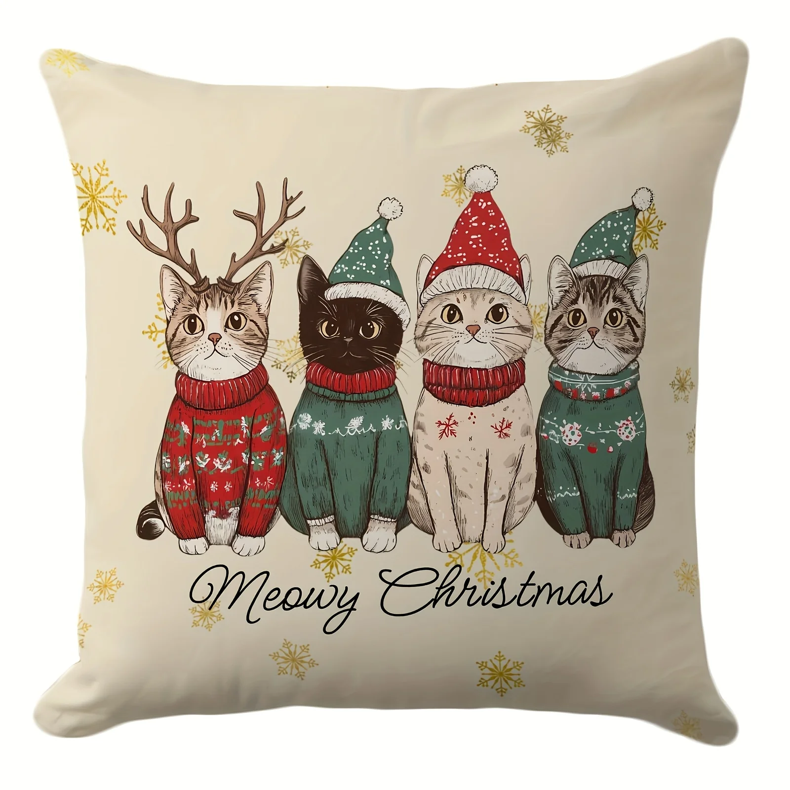 Adorable Christmas Cat Reindeer Throw Pillow Cushion Cover Square Pillowcase Festive Holiday Animal Decor Home Gift Xmas Seasona