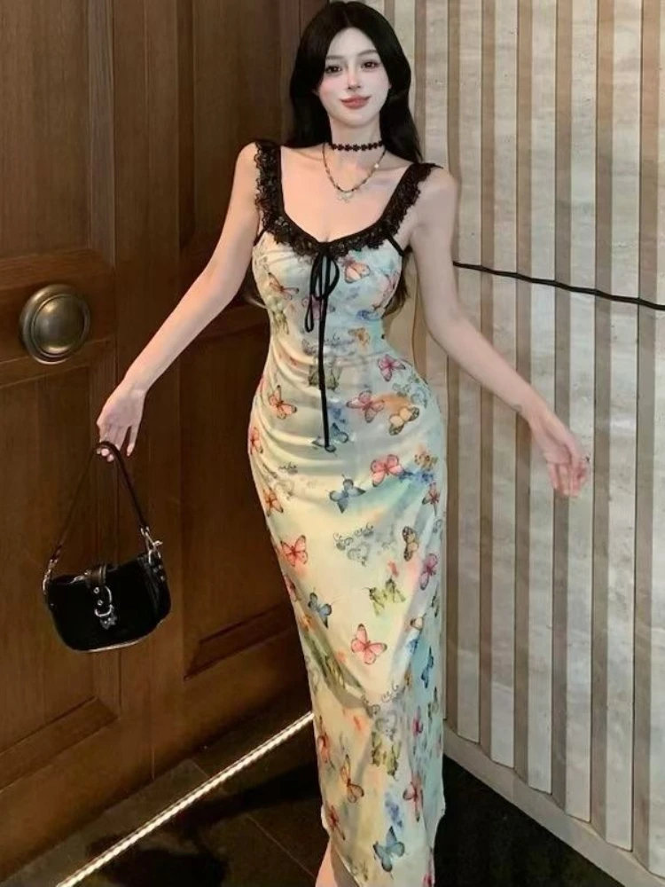 2025 Pure Desire Farfalla Lace Trim Senza maniche Cinghie Abito Sexy Hot Girl Dolce piccante Vita aderente Estate Chic Abito slim fit